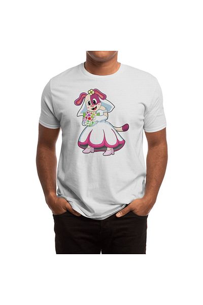 Fizello Unisex White T-Shirt for Men and Women - Dog as Bride with Wedding Dress & Flowers