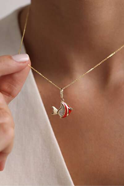 Gianfranco 14 Ayar Altın Kırmızı Mineli Taşlı Balık Kilitli Charm Kolye Ucu