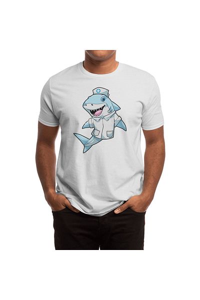 Fizello Tricou alb unisex pentru bărbați și femei - Shark As Nurse With Coat Design