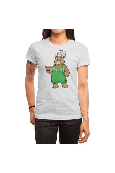 Fizello Men's and Women's T-Shirt - Bear as Cook Pattern, Cooking Apron and Wooden Bowl Detail, Unisex White T-Shirt
