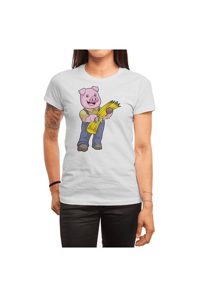 Fizello Λευκό μπλουζάκι Unisex - Pig As Farmer With Straw Design