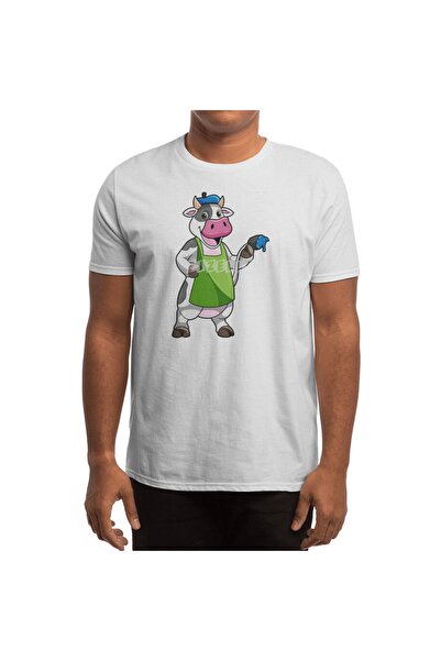 Fizello Μπλουζάκι για άνδρες και γυναίκες - Λευκό μπλουζάκι Unisex με μοτίβο Cow As Painter, λεπτομέρεια ζωγραφικής και ποδιάς