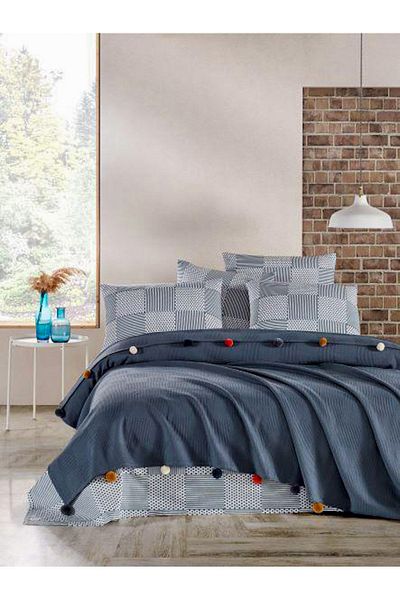 AYHANHOME Double 100% Cotton Bedspread - Pique, Waffle Pattern, Pompom Pique Set
