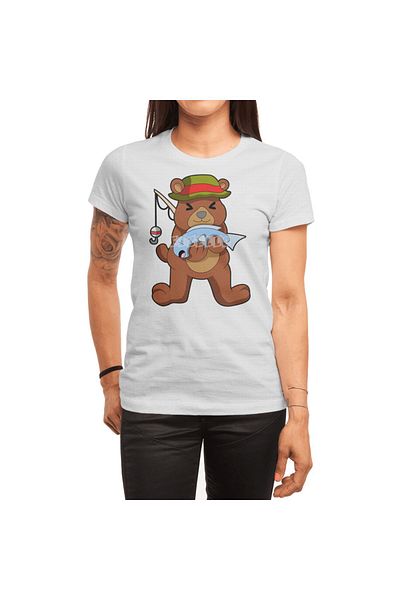 Fizello Ανδρικό και γυναικείο λευκό μπλουζάκι - Bear As Angler With Fish Unisex Design