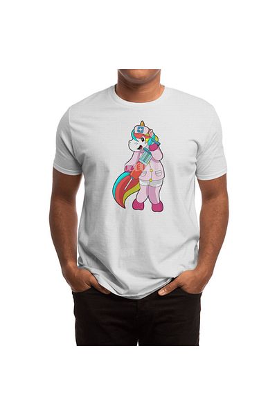 Fizello Tricou cu imprimeu unicorn pentru bărbați și femei - design vacuum și seringe, tricou alb unisex