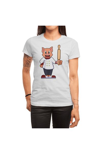 Fizello Tricou pentru bărbați și femei - Tricou alb unisex cu model Cat As Cook, șorț de gătit și detaliu pin rulant