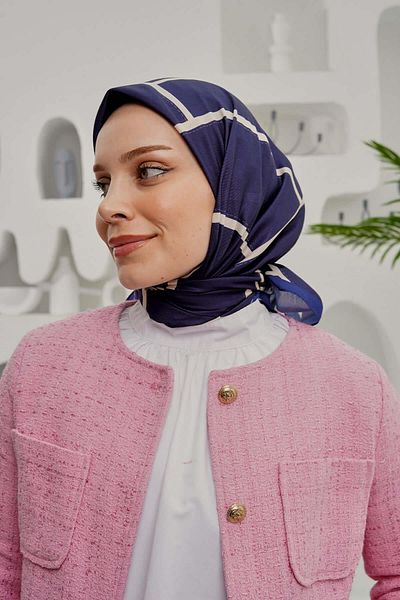 AFVENTE Dark Blue Geometric Patterned Soft Cotton Scarf