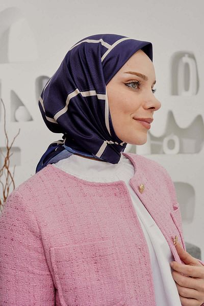 AFVENTE Dark Blue Geometric Patterned Soft Cotton Scarf