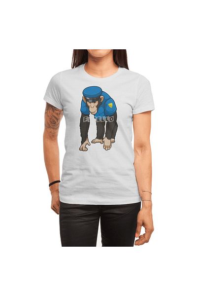 Fizello Unisex White T-Shirt - Monkey as Police Officer with Uniform Men and Women T-Shirt