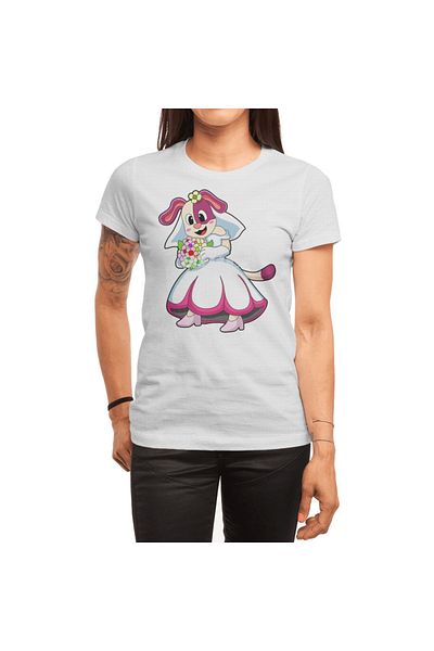 Fizello Unisex White T-Shirt for Men and Women - Dog as Bride with Wedding Dress & Flowers