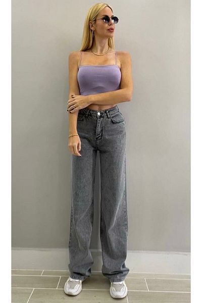 SU SHE 90s Blue Lycra - High Waist Palazzo Jean Trousers