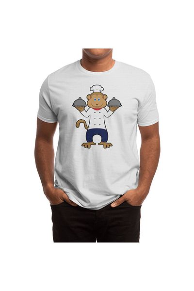 Fizello Unisex White Monkey As Cook T-shirt για άνδρες και γυναίκες - Λεπτομερείς πλάκες σερβιρίσματος