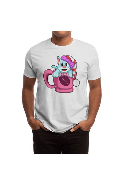 Fizello Tricou pentru bărbați și femei - Café Cup cu clește puternic Cat & Bobble Hat Design, tricou alb unisex