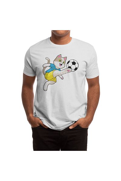 Fizello Men's and Women's Unisex White T-Shirt - Cat as Soccer Player with Soccer Ball