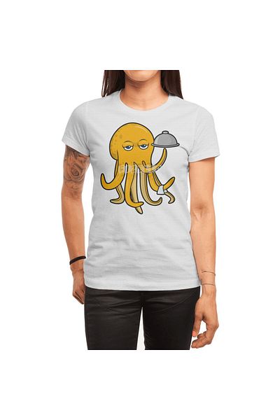 Fizello Λευκό μπλουζάκι Unisex Waiter με σχέδιο Octopus - Λεπτομέρεια πιάτων και πετσετών σερβιρίσματος