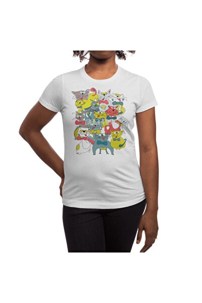 Fizello Λευκό μπλουζάκι Unisex - Funny Doodle πολύχρωμες γάτες, χωρίς ραφή πρότυπο, σχέδιο γατών με σχέδιο στο χέρι