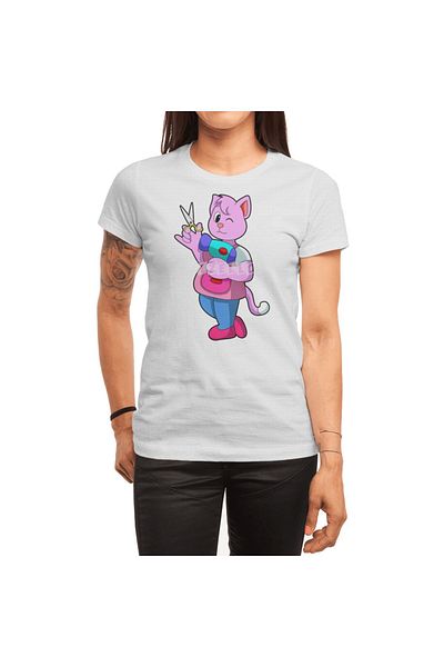 Fizello Men's and Women's Unisex White T-Shirt - Cat as Hairdresser with Scissors & Hair Dryer