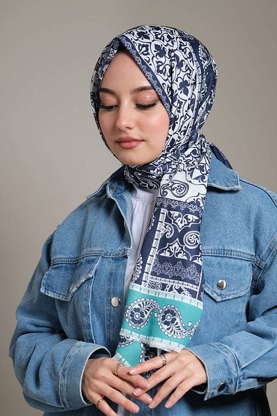 AFVENTE Navy Blue Cotton Shawl - Paisley Pattern