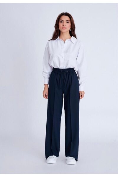 Butik Poliviskon Beli Lastikli Bağcıklı Lacivert Kadın Pantolon