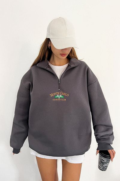 Sun Victoria Unisex Ανθρακί γιακάς Oversize με 3 κλωστές χτενισμένο βαμβακερό κεντημένο φούτερ