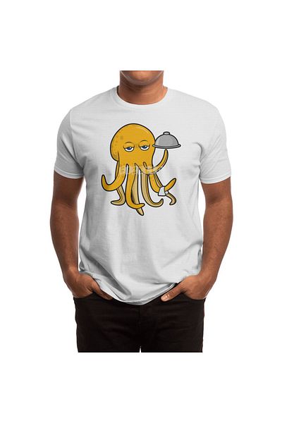 Fizello Λευκό μπλουζάκι Unisex Waiter με σχέδιο Octopus - Λεπτομέρεια πιάτων και πετσετών σερβιρίσματος