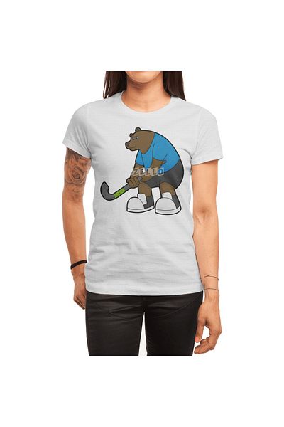 Fizello Men's and Women's Unisex White T-Shirt - Bear at Hockey with Hockey Stick