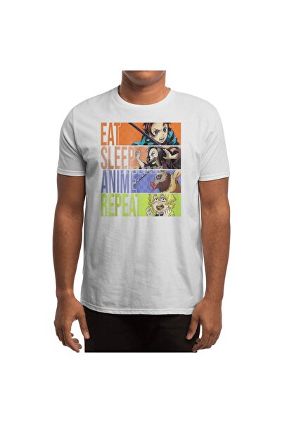 Fizello Λευκό μπλουζάκι Unisex - Graphic Slayer Demon Eat Sleep Anime Repeat