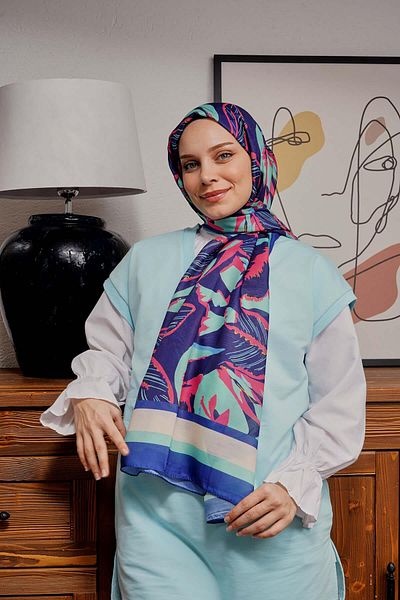 AFVENTE Light Blue Leaf Patterned Soft Cotton Shawl