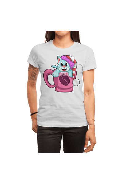 Fizello Tricou pentru bărbați și femei - Café Cup cu clește puternic Cat & Bobble Hat Design, tricou alb unisex