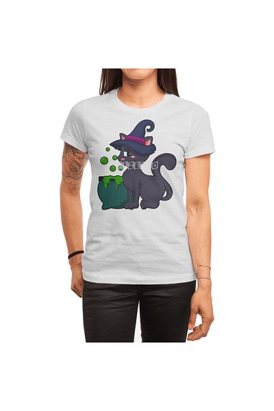 Fizello Ανδρικό και γυναικείο λευκό μπλουζάκι - Cat As Witch With Cauldron Pattern