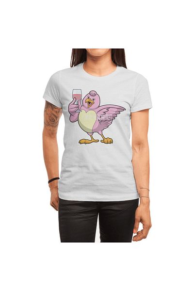 Fizello Unisex White T-Shirt for Men and Women - Bird with Glass of Red Wine Pattern