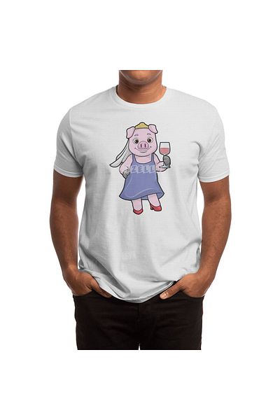 Fizello Unisex White T-Shirt for Men and Women - Pig as Bride, Veil & Red Wine Design