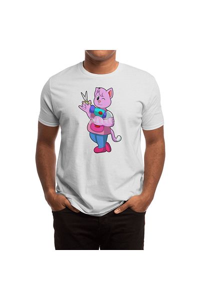 Fizello Men's and Women's Unisex White T-Shirt - Cat as Hairdresser with Scissors & Hair Dryer