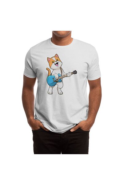 Fizello Λευκό μπλουζάκι Unisex για άνδρες και γυναίκες - Cat At Music With Guitar Design