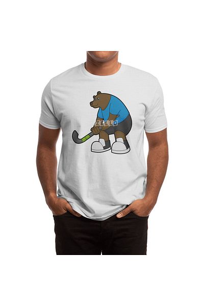 Fizello Men's and Women's Unisex White T-Shirt - Bear at Hockey with Hockey Stick