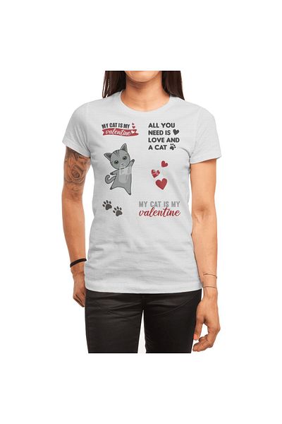 Fizello My Cat Is My Valentine Grey Unisex Σετ μπλουζάκι με αυτοκόλλητο γάτα - Ανδρικό και γυναικείο λευκό μπλουζάκι