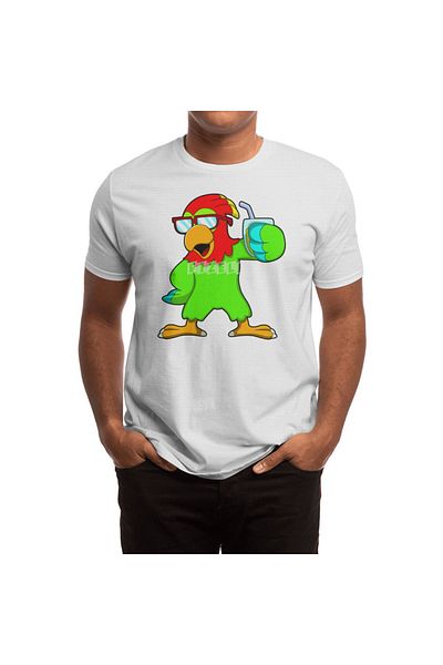 Fizello Men's and Women's White Parrot T-Shirt - Sunglasses & Drink Detailed