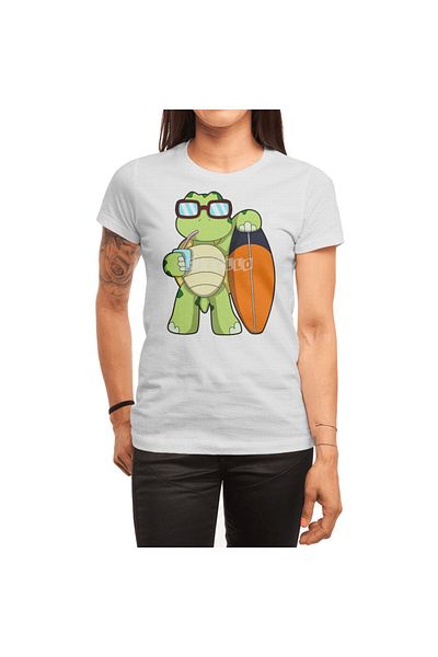 Fizello Ανδρικό και γυναικείο Unisex λευκό μπλουζάκι - Turtle Surfer και Surfboard με λεπτομέρειες