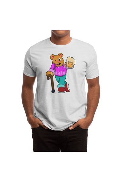 Fizello Ανδρικό και γυναικείο λευκό μπλουζάκι - Bear with Glass of Beer & Walkingstick Pattern