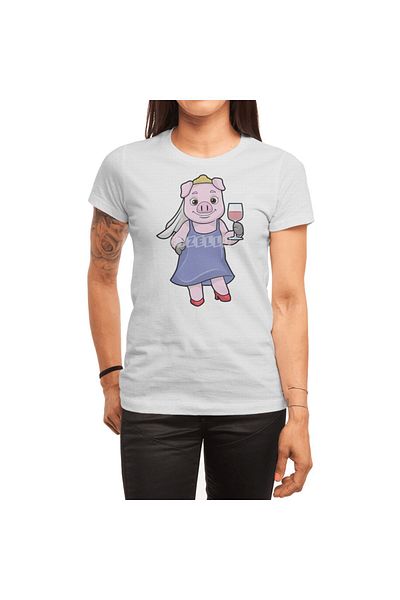 Fizello Unisex White T-Shirt for Men and Women - Pig as Bride, Veil & Red Wine Design