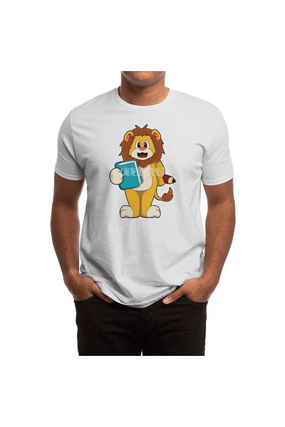 Fizello Tricou alb unisex pentru bărbați și femei - Leu ca student cu design de carte