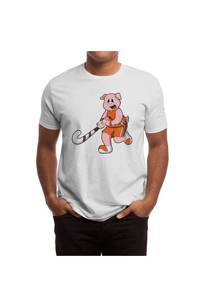 Fizello Men's and Women's T-Shirt - Pig Horse Hockey with Hockey Stick, White Unisex T-Shirt