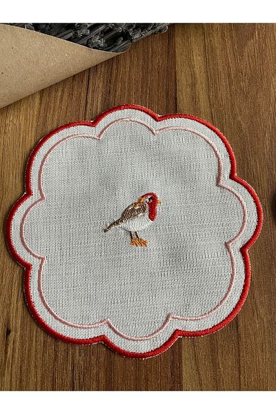 NURHAN HOME COLLECTION 6 Pieces Love Birds Linen Fabric Red Embroidered Coffee Side Cocktail Presentation Napkin