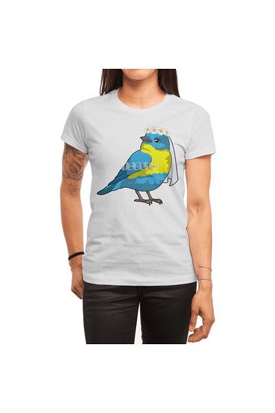 Fizello Men's and Women's White T-Shirt - Bird as Bride with Wreath of Flowers Unisex Design