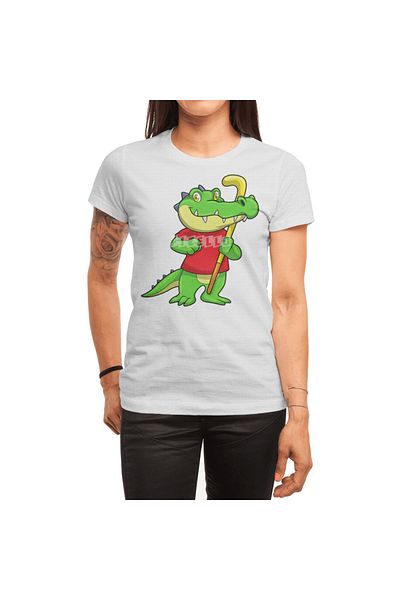 Fizello Crocodile at Field Hockey T-Shirt for Men and Women - Unisex White with Hockey Stick Pattern