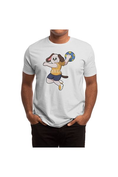 Fizello Men's and Women's Unisex White T-Shirt - Dog as Handball Player with Handball Design