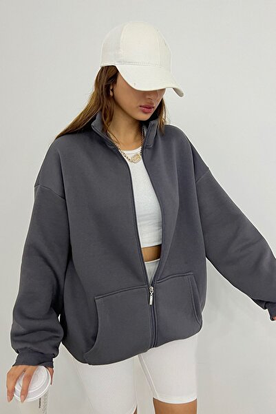 Sun Victoria Φούτερ Anthracite Unisex ψηλός λαιμός με φερμουάρ oversized 3 κλωστών επένδυση fleece