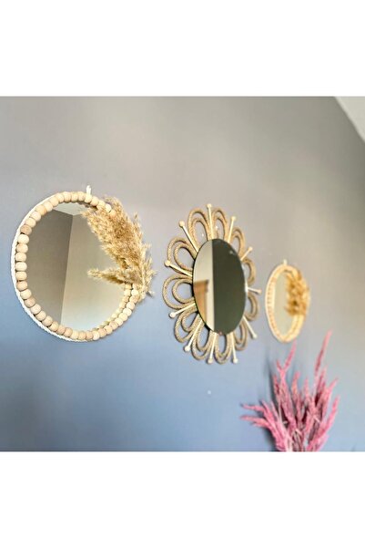 kattuna Hasır Örgü Papatya Ve Boncuk Ayna Duvar Dekorasyon Ürünü 3’lü Set