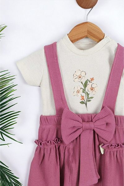Ege Bebek 9-24 Months Baby Girl with Ribbed Summer Bow Detail Salopeet Dress and Inner T-Shirt Set