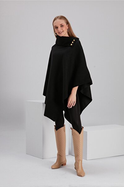 MODA FINE Poncho de damă, negru, cu design elegant, cu detaliu cu nasturi pe guler